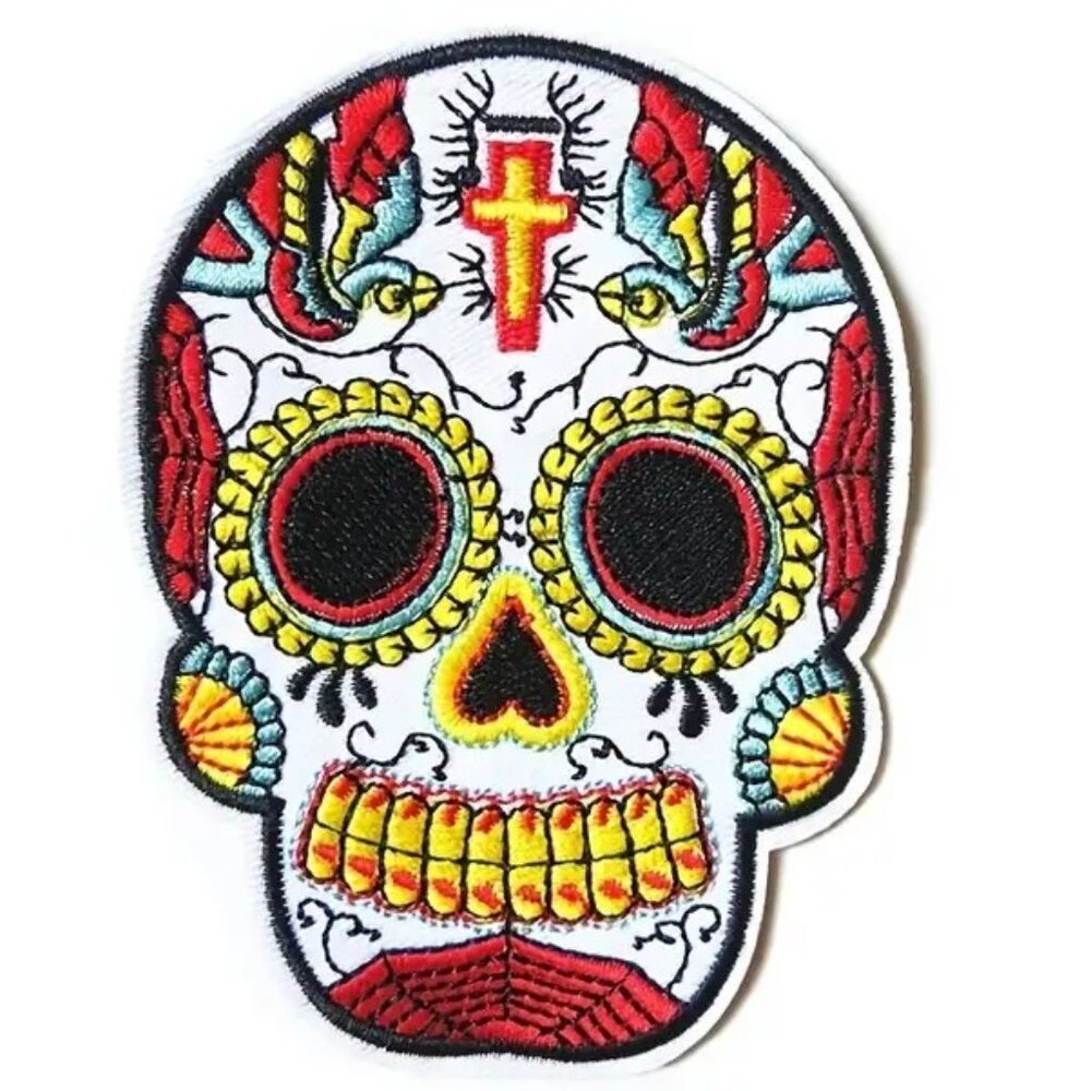 White Sugar Skull Iron On Patch Cross Birds Dia de los Muertos